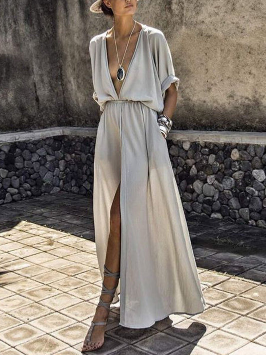 Solid V-Neck Mid-Sleeve Slit Dress Ins Street