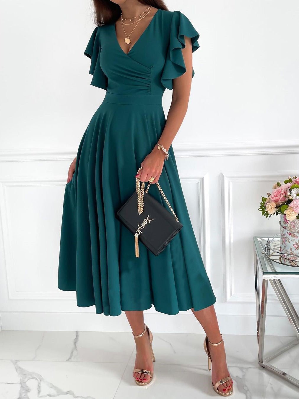 Solid V-Neck Ruffle Sleeve Dress