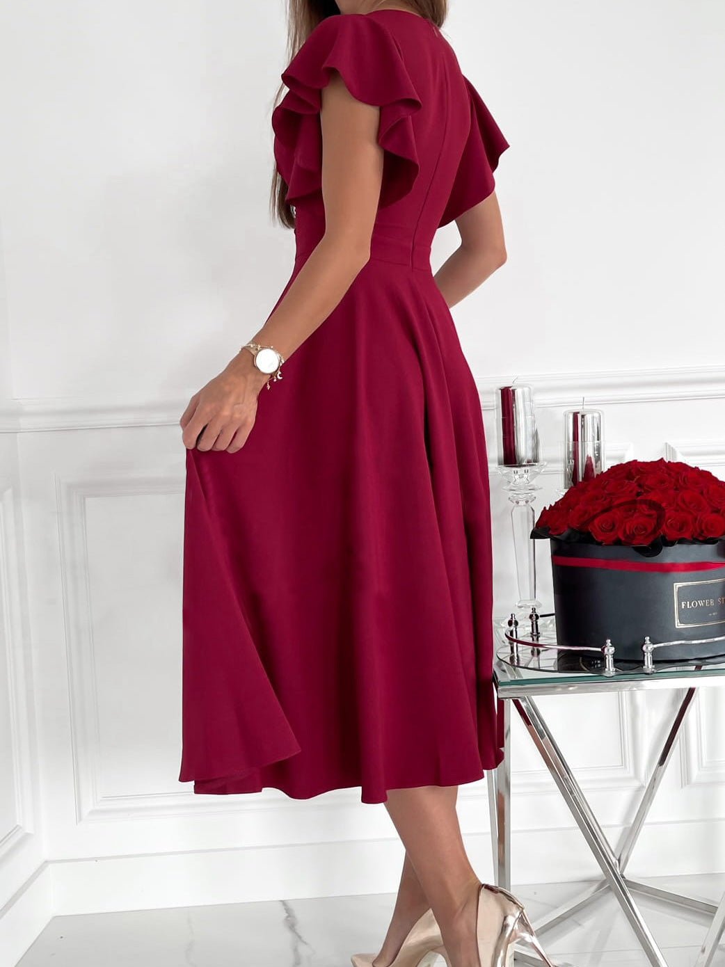 Solid V-Neck Ruffle Sleeve Dress