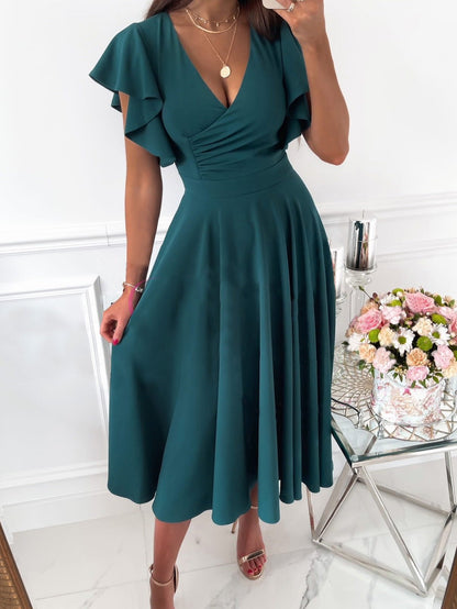 Solid V-Neck Ruffle Sleeve Dress Ins Street