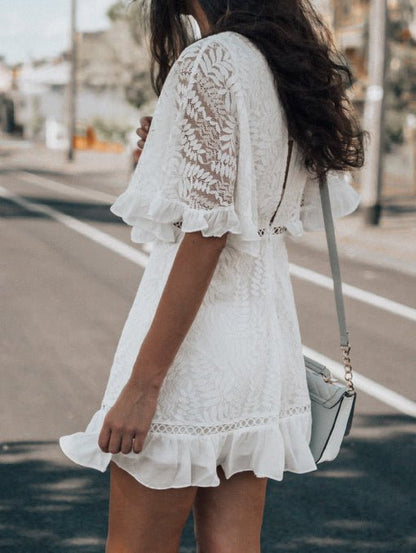 V-Neck Lace Short Sleeve Ruffle Dress