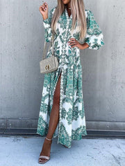 Vintage Print Long Sleeve Slit Dress Ins Street