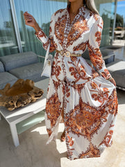 Vintage Print Long Sleeve Slit Dress Ins Street