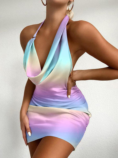 Women's Milk Silk Halter One Step Tie Dye Dress